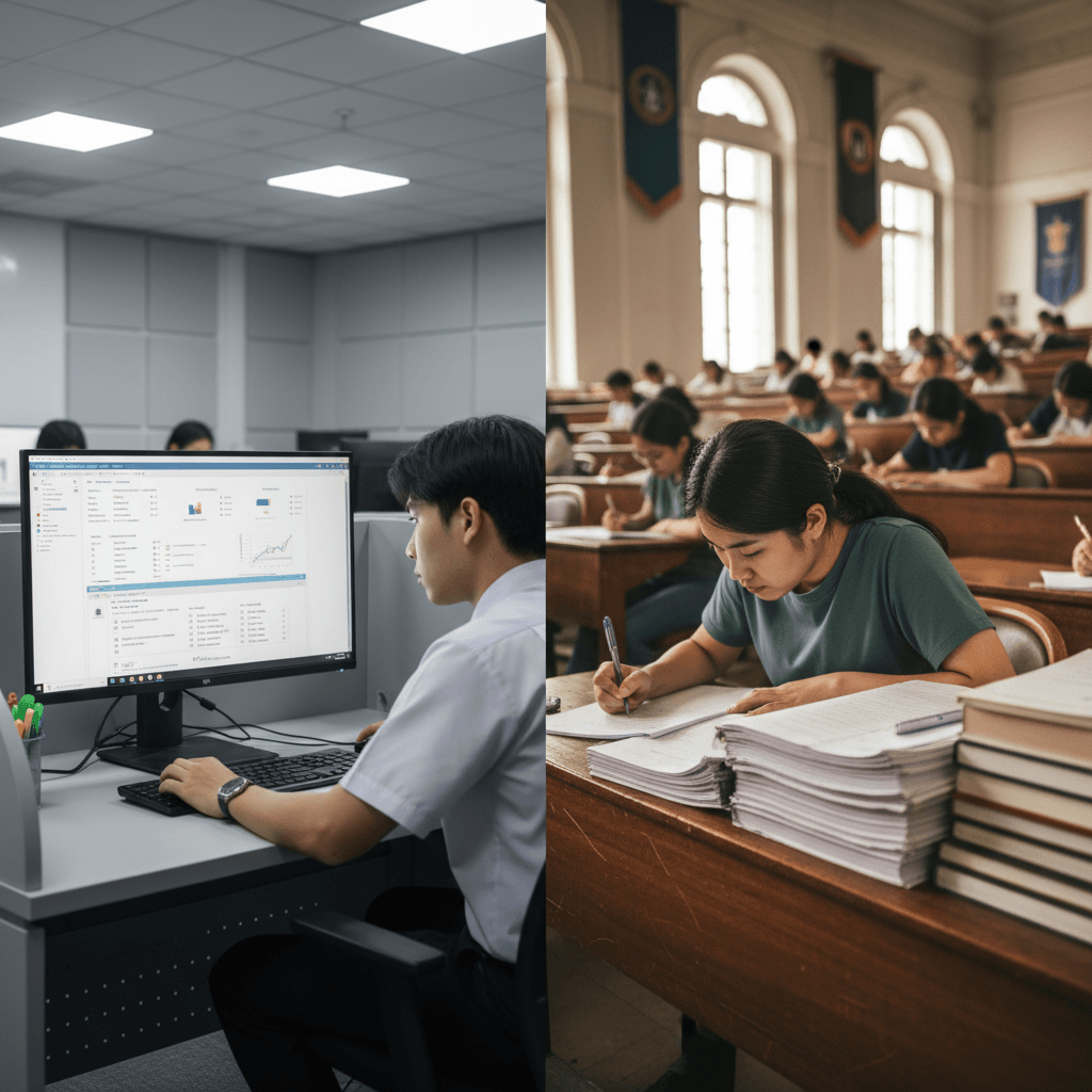 ภาพเปรียบเทียบการสอบ ก.พ. e-Exam vs Paper & Pencil ที่ผู้สมัครกำลังทำข้อสอบในห้องสอบ